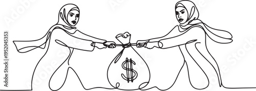 Single one line drawing two greedy Arabian businesswomen fighting over a money bag. Compete to get as much profit as possible. Market price destroyer One line draw graphic design vector