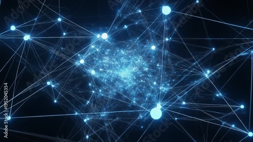 Glowing blue neural network with interconnected nodes, symbolizing artificial intelligence, machine learning, and complex data communication.