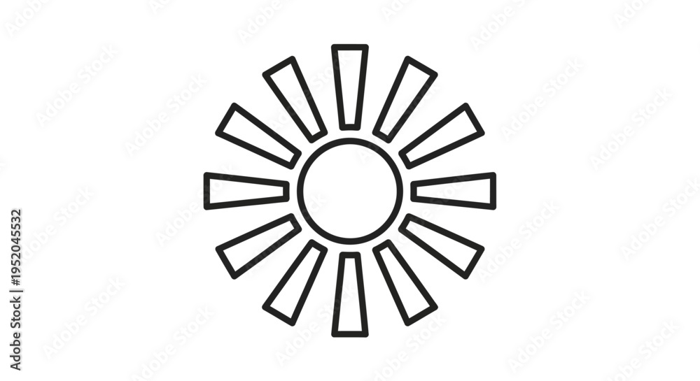 Obraz premium Geometric Outline Sun Icon with Rectangular Rays on Isolated White Background