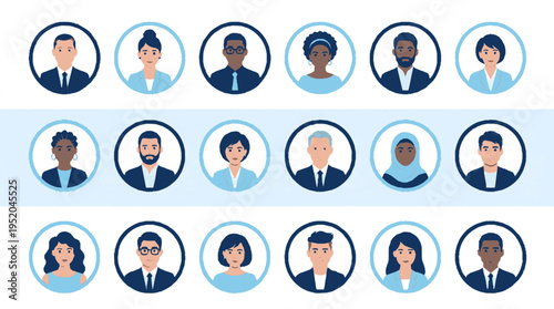 Diverse group of business professionals in flat circular icons with blue and white tones for corporate identity