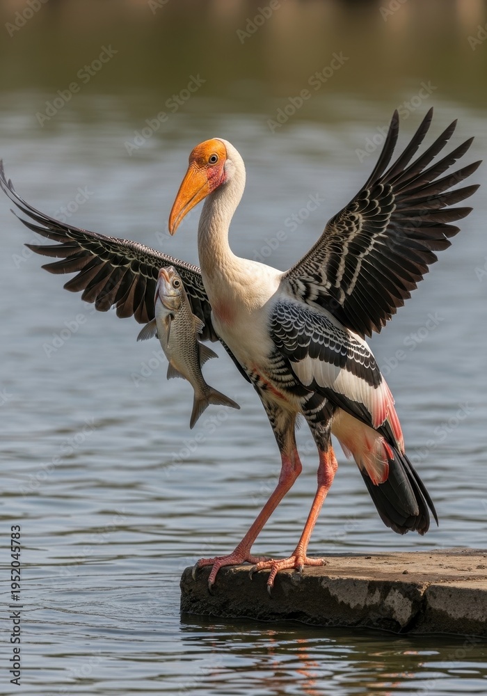 Fototapeta premium Painted Stork with Fish Catch on Wooden Platform.