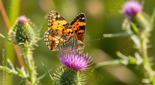 Painted Lady Butterfly on Thistle Flower in Summer Meadow.