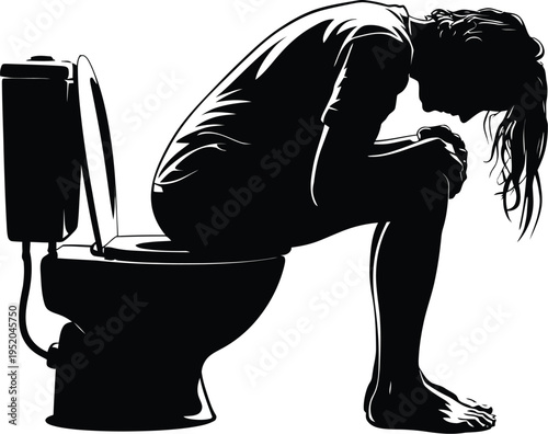 Person kneeling toilet silhouette illustration, black and white graphic showing sickness, nausea, physical distress, and vulnerable health condition concept.