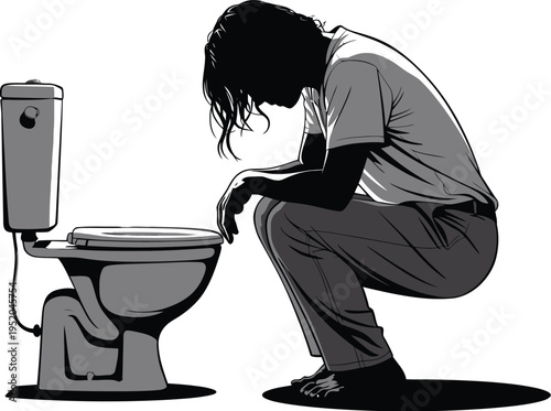 Sickness silhouette illustration, person kneeling over toilet showing physical distress, illness, nausea, and vulnerability in black and white vector