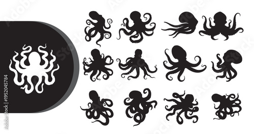 A collection of various octopus silhouettes and a white octopus on a black background