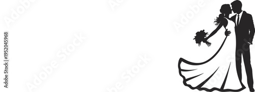 Wedding Couple Silhouette Kissing on White Background