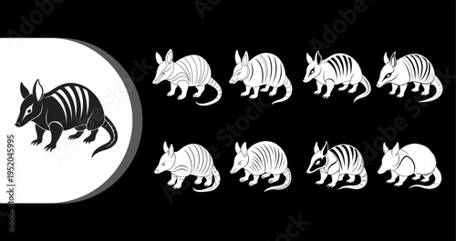 A series of armadillo illustrations in various poses and styles on a black background