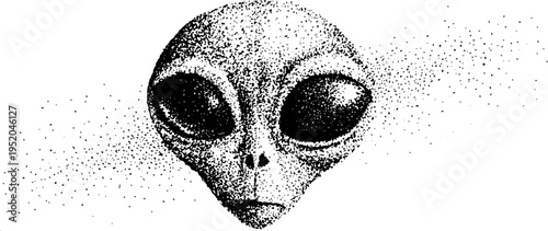 Mysterious alien head with large eyes in black and white dotwork style