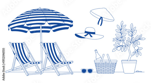 blue line art summer vacation items collection, minimal outline illustration beach umbrella, lounge chairs, sun hat and picnic basket, clean modern vector design for seasonal travel themes.