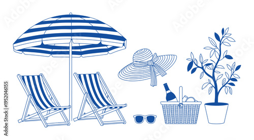 blue line art summer vacation items collection, minimal outline illustration beach umbrella, lounge chairs, sun hat and picnic basket, clean modern vector design for seasonal travel themes.