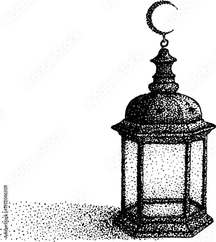 Vintage lantern with crescent moon in stipple art style for design and decoration