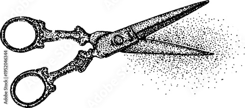 Antique scissors with ornate handles in black and white stipple art design for vintage decor