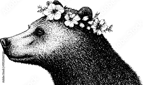 Black and white bear head with floral ornaments in stippling style for artistic design