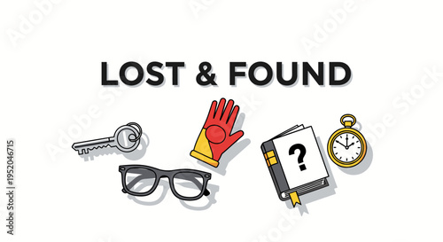 "Lost & Found" Concept Illustrated with Key, Glasses, Glove, Book, and Clock.