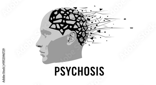 "PSYCHOSIS" Concept Illustration of a Man's Head with a Disintegrating Geometric Mind.