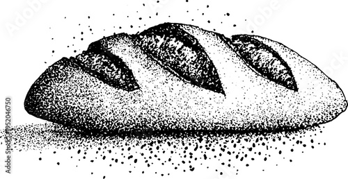 Rustic bread loaf in black and white stippling art for bakery design