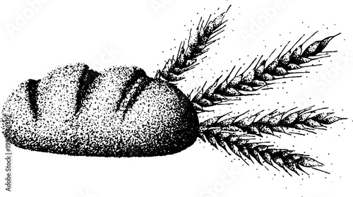 Rustic bread loaf and wheat stalk motif in black and white stippling for vintage design