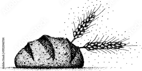 Rustic bread loaf with wheat stalk frame in black and white stippling art for vintage design