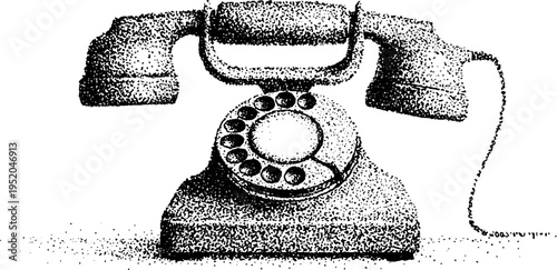Retro rotary telephone with stippling effect in black and white for vintage design