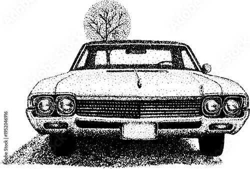 Vintage classic car front view in black and white stippling art for retro design projects