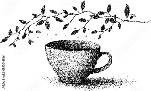 Black and white coffee cup with botanical vine frame in stipple art style for vintage design
