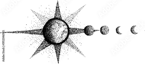 Black and white compass rose with moon phases in stipple art style for design