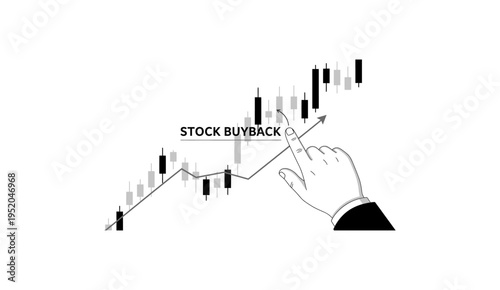 Hand pointing to Stock Buyback text on a rising candlestick chart. Concept of corporate share repurchase and stock market growth.