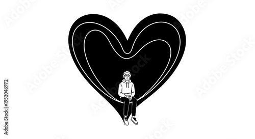 adness and loneliness concept. A young man sitting alone inside a big black heart shape. Mental health, heartbreak, and depression illustration.