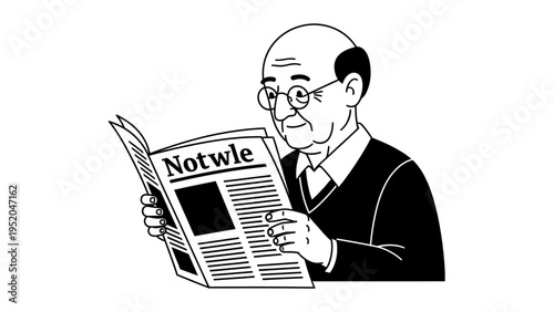 Elderly man with glasses reading a newspaper, senior lifestyle and morning routine concept.