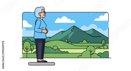 Active senior woman enjoying mountain views, healthy aging and retirement concept, flat vector illustration
