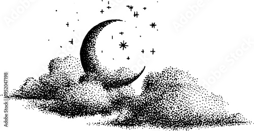 Celestial night scene with crescent moon, stars, and clouds in black and white stippling art