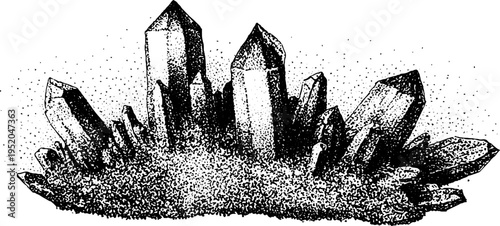 Intricate black and white crystal cluster with radiating stippling effect for artistic design