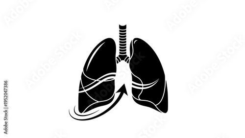 "Black lung silhouette with airflow lines and up arrow, concept of respiratory health and clean air."