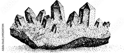 Intricate crystal cluster with geometric frame in black and white stippling design