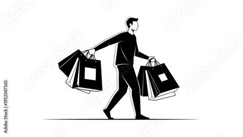 Man walking with many shopping bags illustration. Male character carrying full bags, consumerism concept. Black and white line art vector.