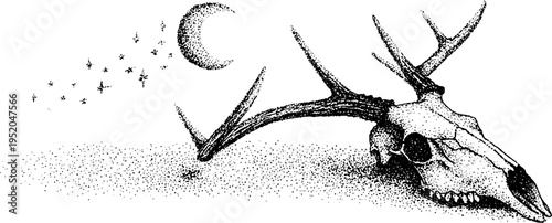Celestial deer skull with crescent moon and stars in black and white dotwork style