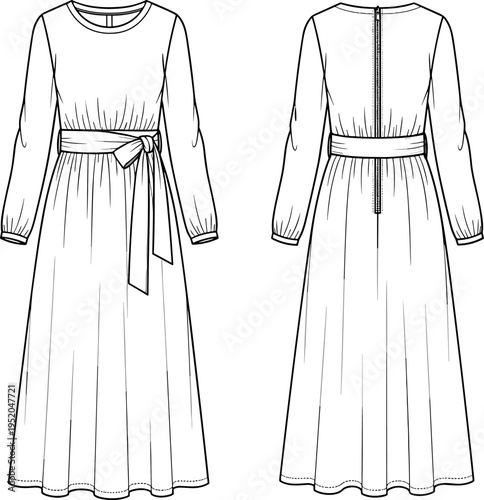 Elegant Long Sleeve Maxi Dress Technical Sketch with Belt Detail and Back Zipper for Women Fashion Design and Apparel Mockup