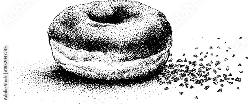 Monochrome donut with crystal fragments in stipple effect for artistic design