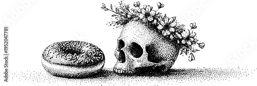 Monochrome stippled skull and donut with sprinkles and floral details for art design