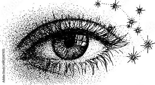 Intricate eye design with ornamental rays and stars in black and white stippling
