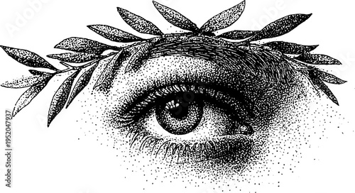Intricate botanical eye with wreath in black and white stippling art for creative design