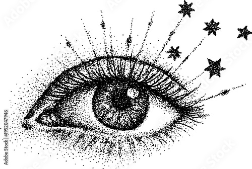 Ornamental eye with radiant rays and stars in black and white dotwork for spiritual art