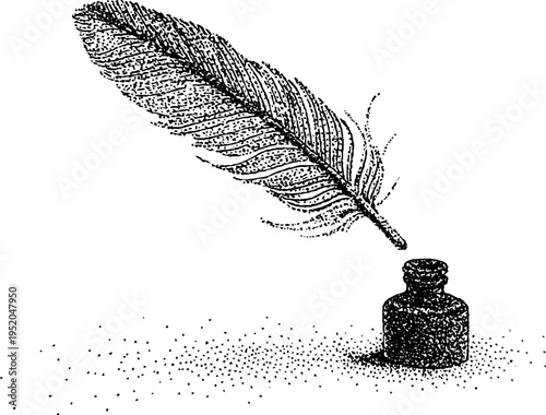 Vintage quill and ink bottle with stipple effect for artistic design