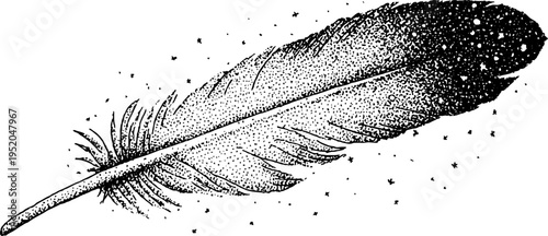 Ethereal feather with galaxy starfield in black and white dotwork design