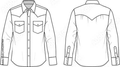 Western Denim Shirt Technical Sketch Vector Illustration Front and Back View Blank Mens Long Sleeve Button Down Apparel Design Template