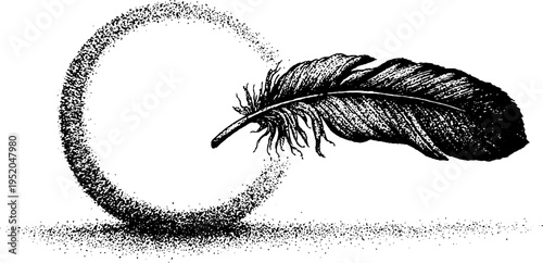 Feather and mandala circle frame in black and white stippling art