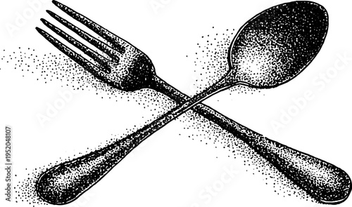 Crossed fork and spoon symbol in stippling art style for vintage kitchen design
