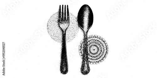 Decorative fork and spoon with mandala circle frame in black and white for vintage kitchen design