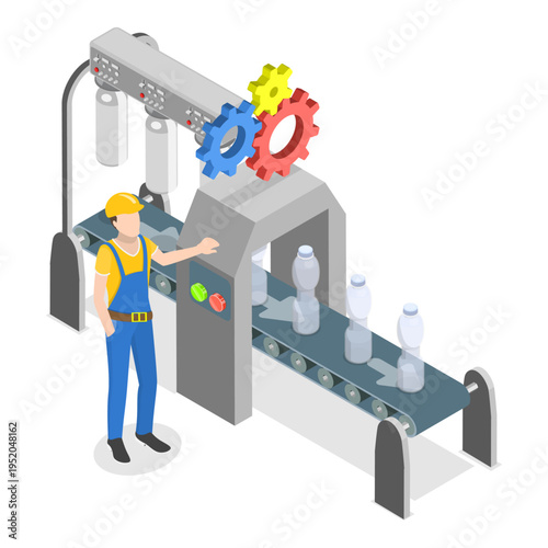 3D Isometric Flat Vector Illustration of Producing of Soft Drinks , Juice Factory Processing and Packaging Line. Item 1