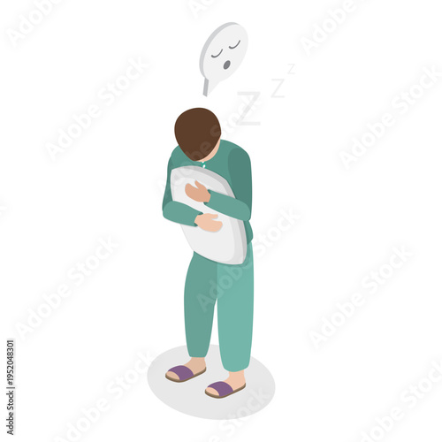 3D Isometric Flat Vector Illustration of Relaxation and Daydreaming, Woman In Pajamas Holds Fluffy Pillow, Feeling Happy And Relaxed. Item 1